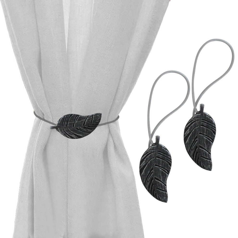 Magnetic Wooden Leaf Curtain Tiebacks, Black, Pack of 2