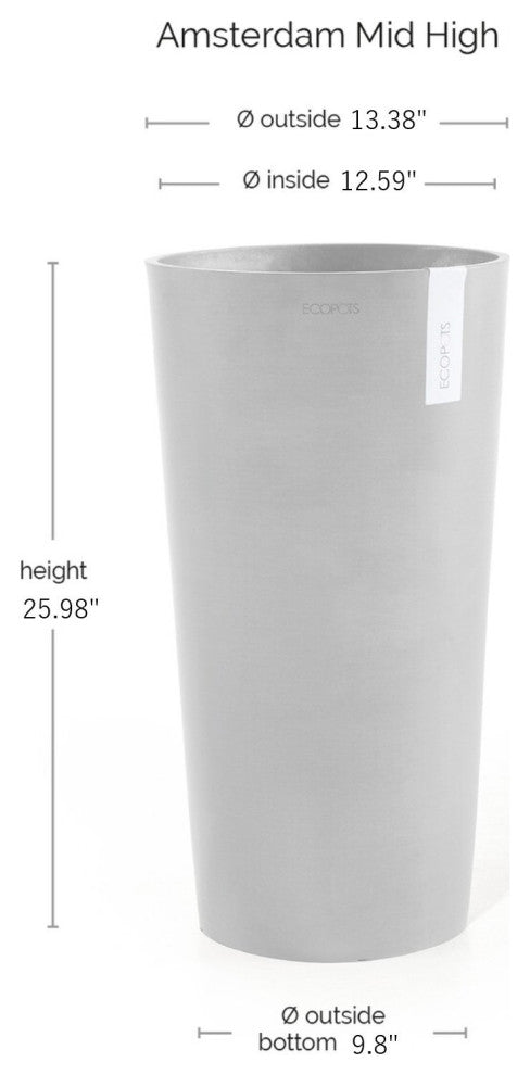 Ecopots Amsterdam Round Recycled Mid High Plastic Planter Flower Pot, Taupe, 26"