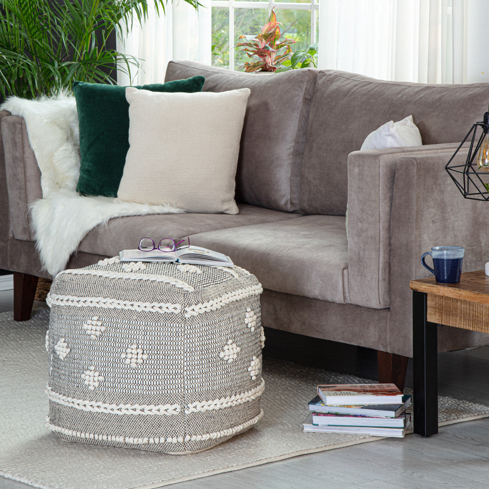 Sidney Street 20" x 20" x 20" Black and Ivory Pouf