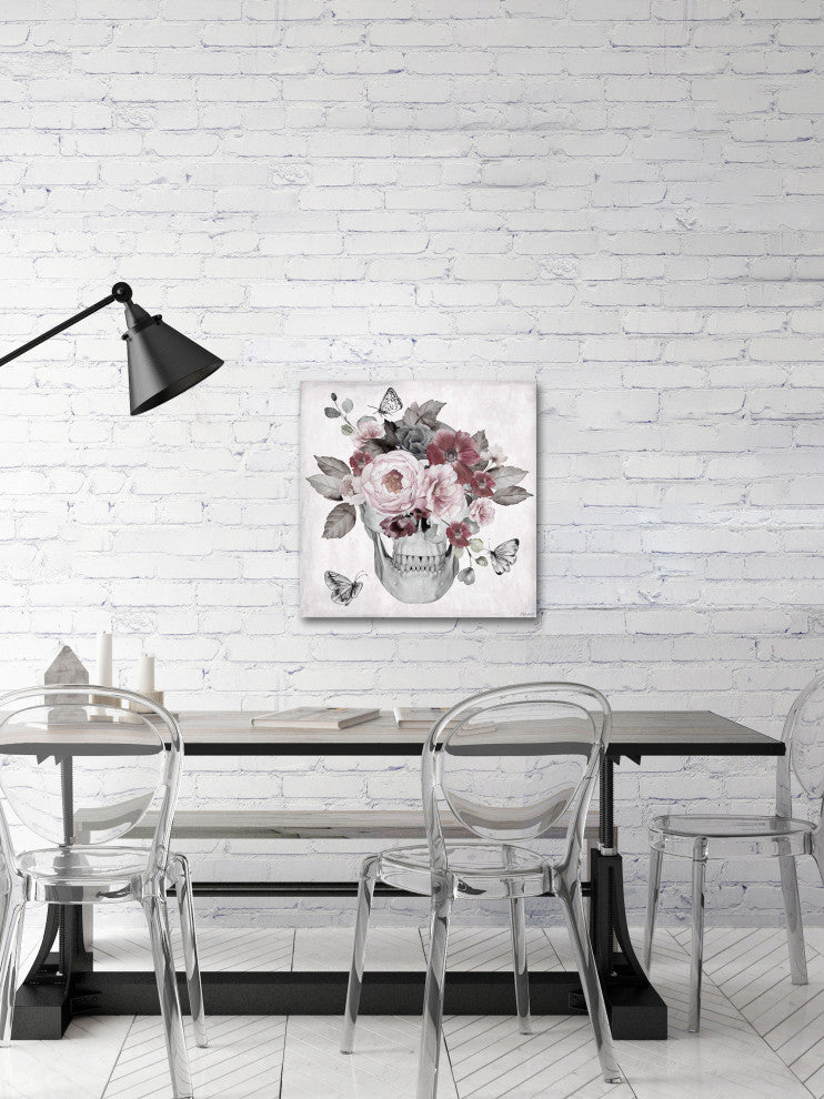 "Skull and Pink Peonies" Painting Print on Wrapped Canvas, 24x24