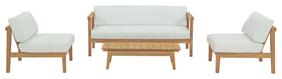 Sectional Sofa Chair Table Set, White Natural, Teak Wood, Modern, Outdoor Patio