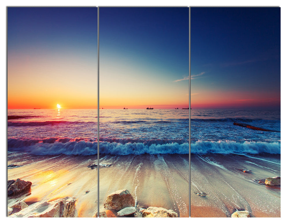 Beautiful Sunrise over Blue Sea, Seashore Triptych Canvas Print, 36x28, 3 Panels