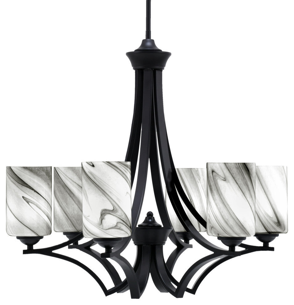 Zilo 6 Light Chandelier, Matte Black Finish With 4" Onyx Swirl Glass