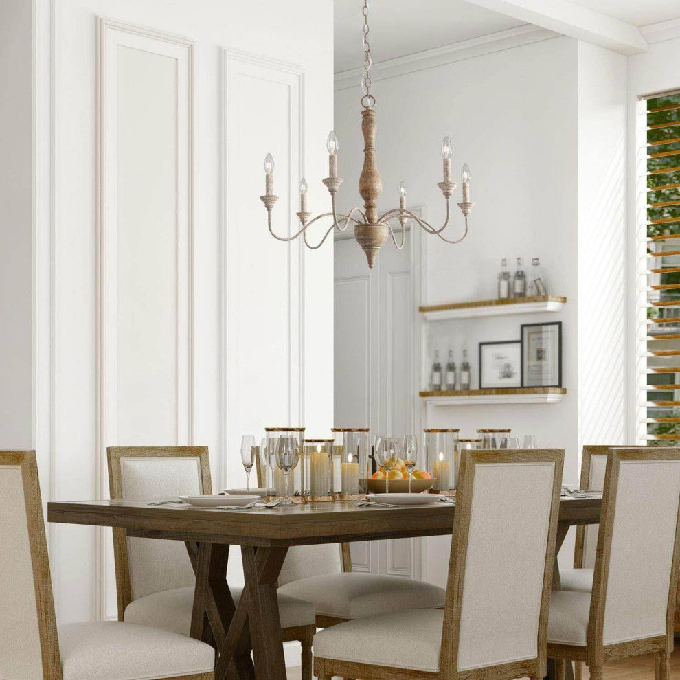 LALUZ 6-Light French Country Distressed White Wood Candle-Style Chandeliers