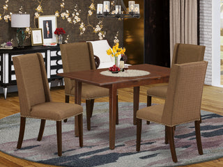 5Pc Dining Set - 4 Chairs, 2-Drops Leaf Table, Mahogany Finish