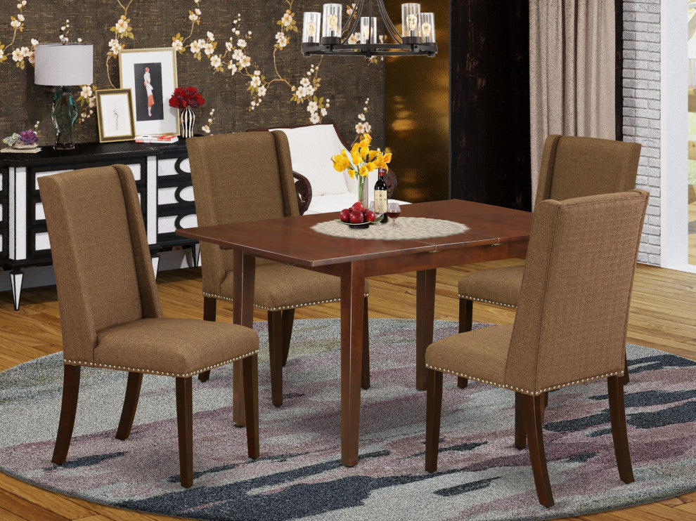 5Pc Dining Set - 4 Chairs, 2-Drops Leaf Table, Mahogany Finish