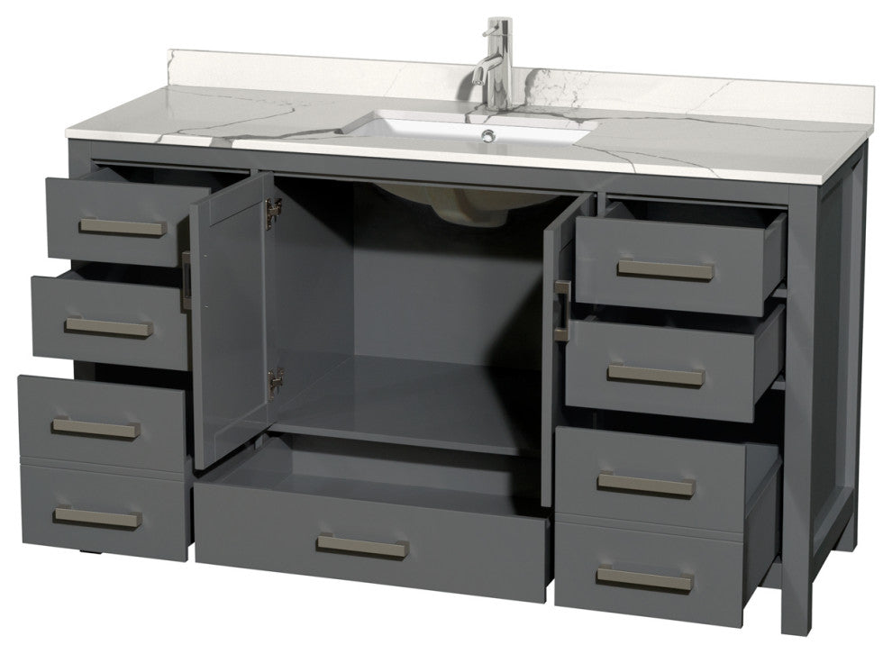 Sheffield 60" Dark Gray SGL Vanity, Calacatta Quartz Top, Square Sink, No Mirror