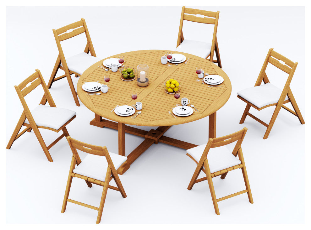 7-Piece Outdoor Teak Dining Set: 72" Round Table, 6 Surf Folding Arm Chairs
