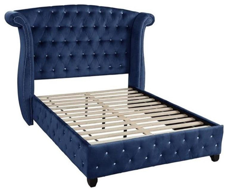 Sophia Crystal Tufted Upholstery Queen Size Bed finished with Wood in Blue