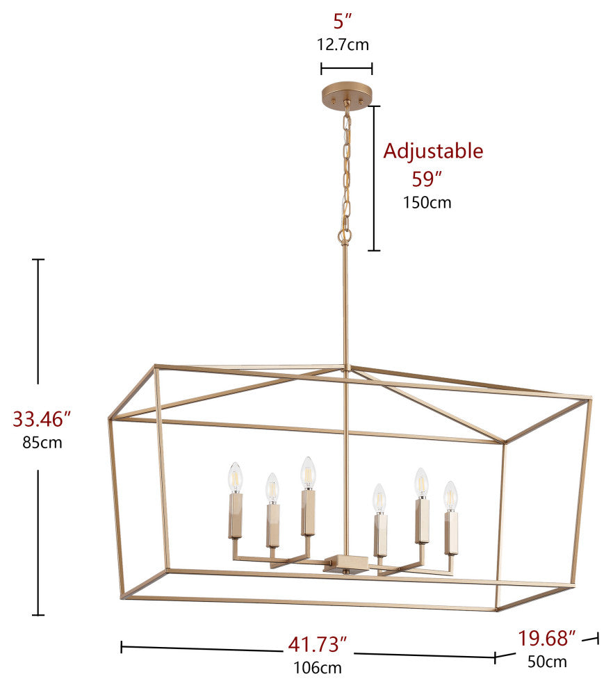 Farmhouse 6-Light Rectangular Kitchen Island Chandelier Over Table, Gold
