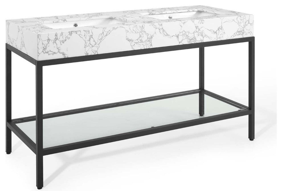 Kingsley 60" Black Stainless Steel Bathroom Vanity - Black White