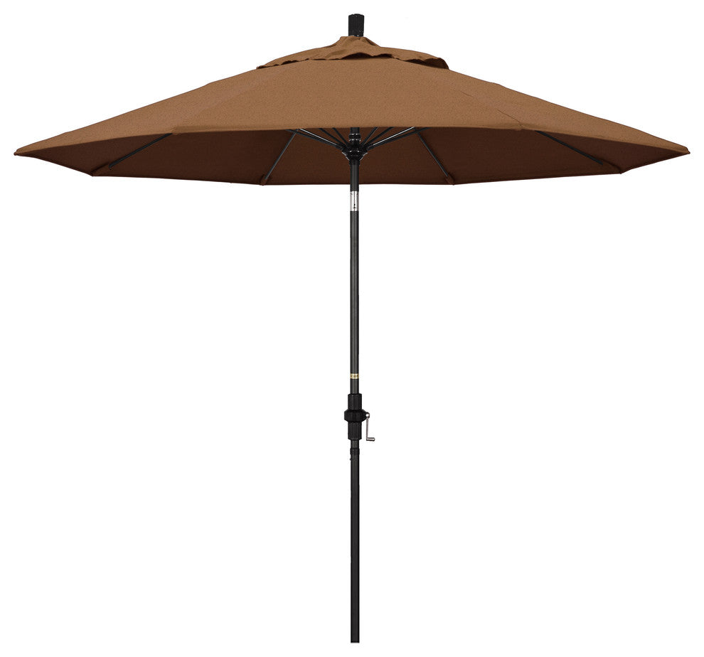9' Matted Black Collar Tilt Lift Fiberglass Rib Aluminum Umbrella, Sunbrella, Teak