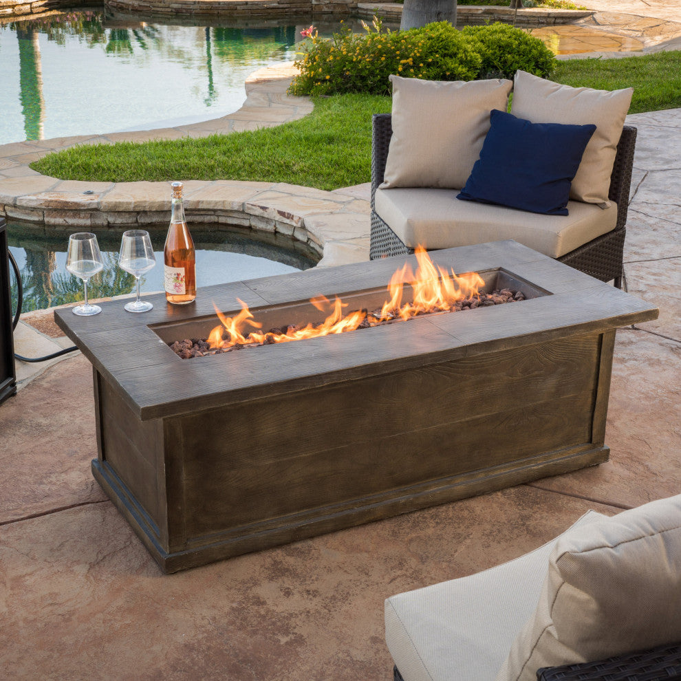 GDF Studio Pablo Outdoor 56" Rectangular Propane Fire Table, Brown Wood