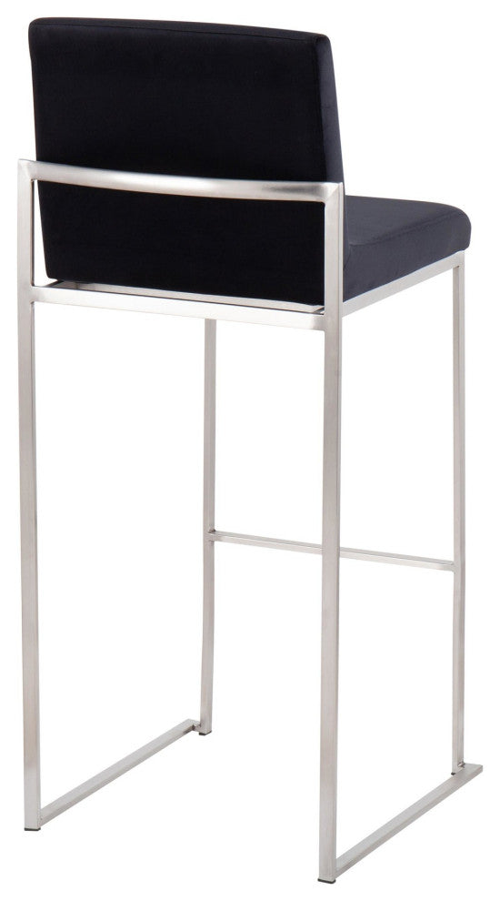 Fuji High Back Barstool, Stainless Steel/Black Velvet, Set of 2
