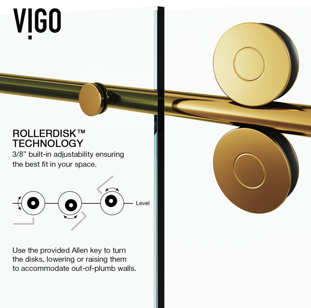 VIGO Elan 64" to 68" W x 74" H Frameless Sliding Shower Door, Matte Gold, Clear Glass