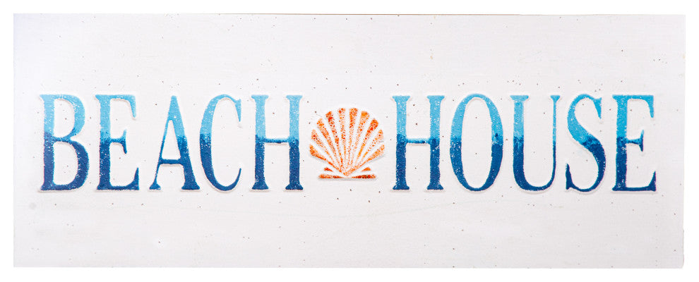 Rectangle Wood Wall Art with "Beach House" Writing Smooth White Finish