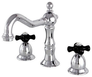 Heritage Onyx Widespread Lavatory Faucet w/ Black Porcelain Cross Handle, Chrome
