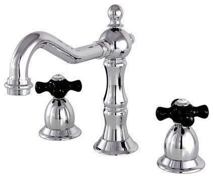 Heritage Onyx Widespread Lavatory Faucet w/ Black Porcelain Cross Handle, Chrome