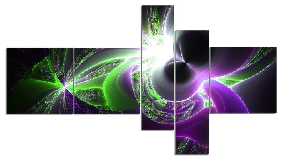 Glowing Purple Green Plasma, Abstract Wall Art Canvas, 60"x32", 5 panels