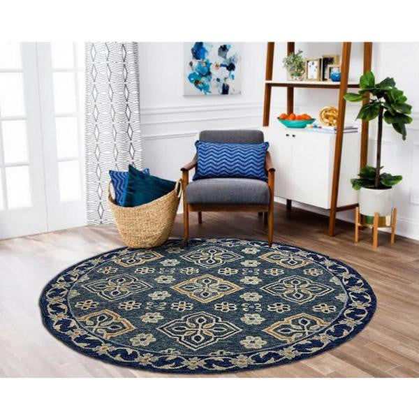5" Round Blue Bordered Floral Motifs Area Rug