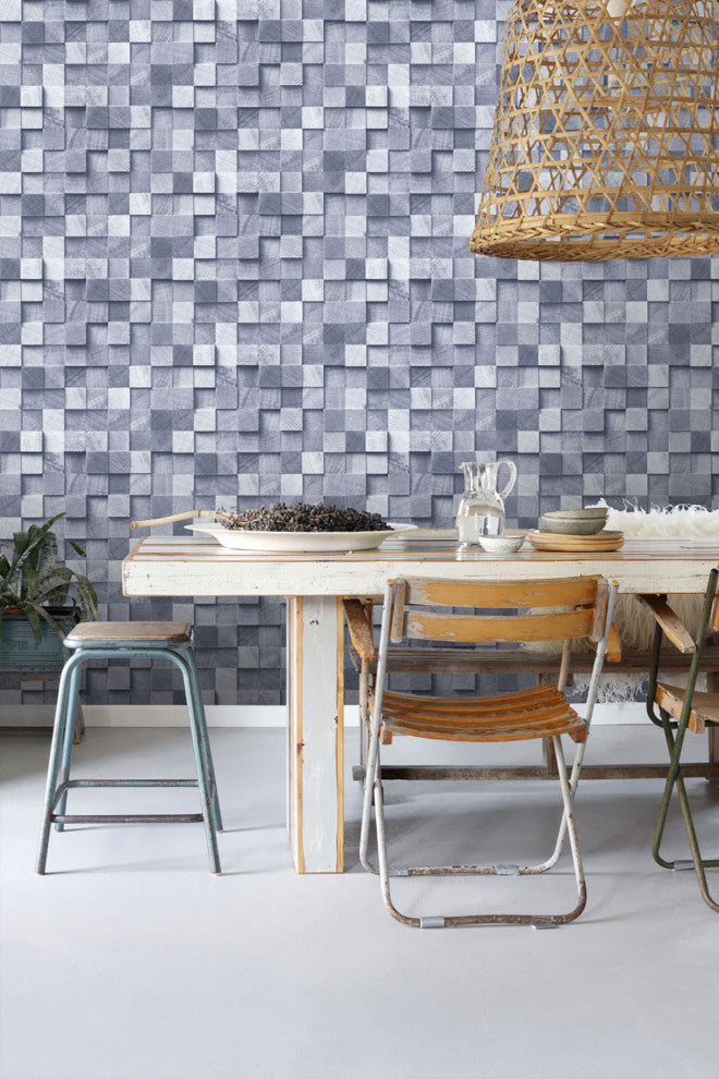Tevye Blue Wood Geometric Wallpaper Bolt