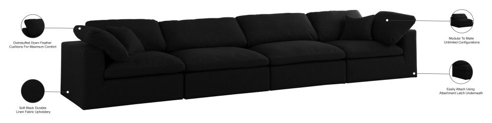 Serene Linen Textured Fabric Deluxe Comfort 4-Piece Modular Sofa, Black