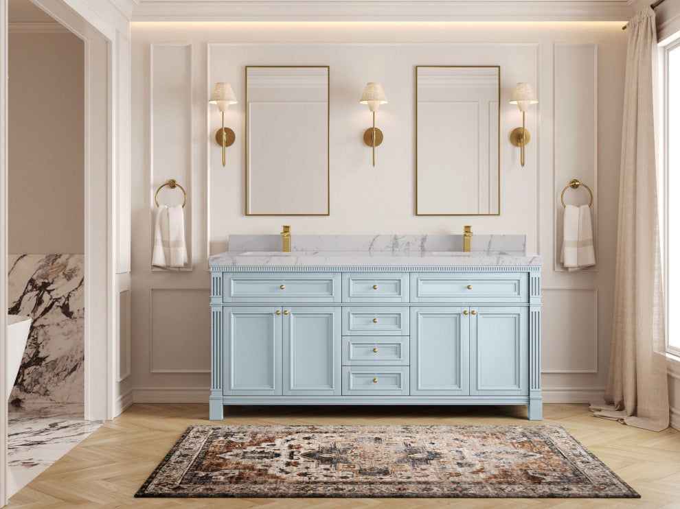 Paris 72" Double Sink Bathroom Vanity, Blue Heather 2" Venatino Quartz