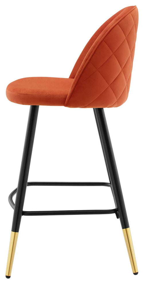 Counter Stool Chair, Set of 2, Velvet, Metal, Orange, Modern, Bar Pub Bistro