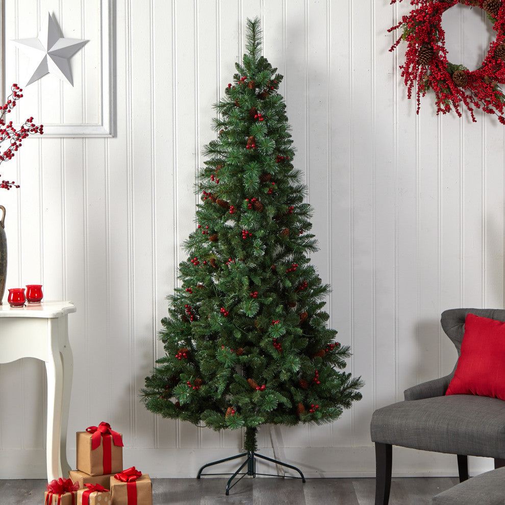 7' Flat Back Montreal Mountain Pine Faux Xmas Tree W/ Pinecones, Berries, Lights