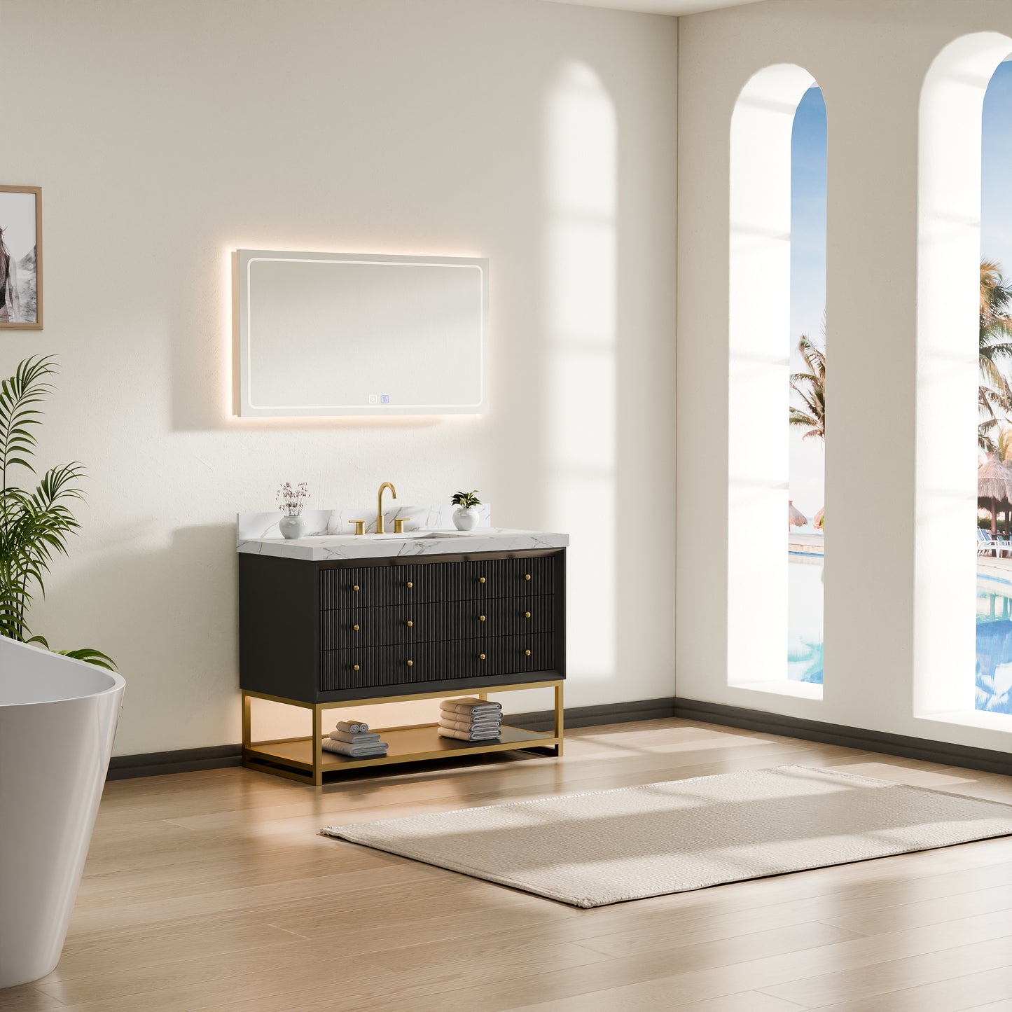 60''Wood Bathroom Vanity Set, With Drawers, Marble Top And Undermount Sink, White