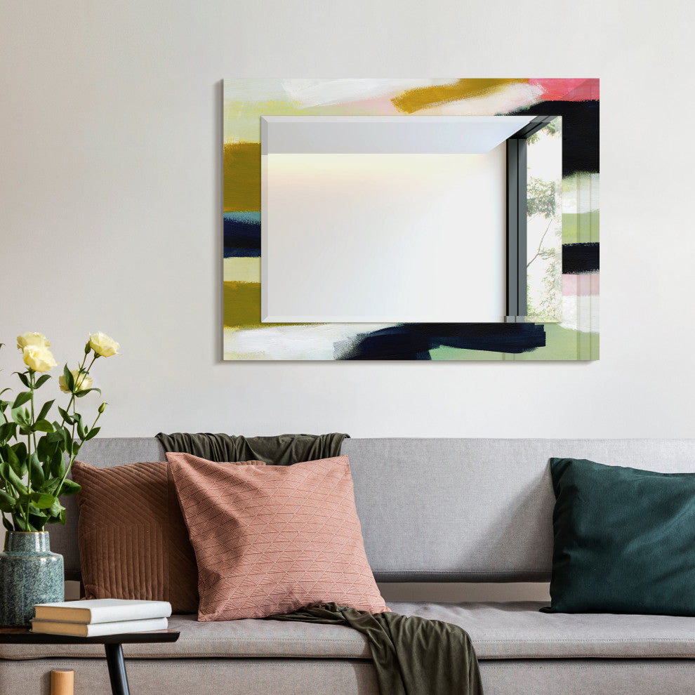 "Sunder" Beveled Mirror on Printed Abstarct Tempered Art Glass, 40x30"