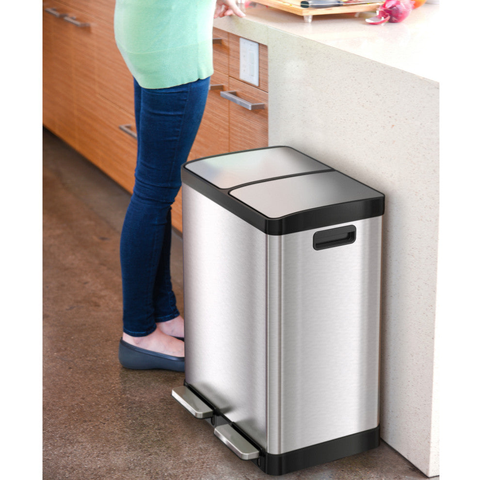 iTouchless SoftStep 16 Gallon Stainless Steel Recycle & Trash Can + Odor Filter