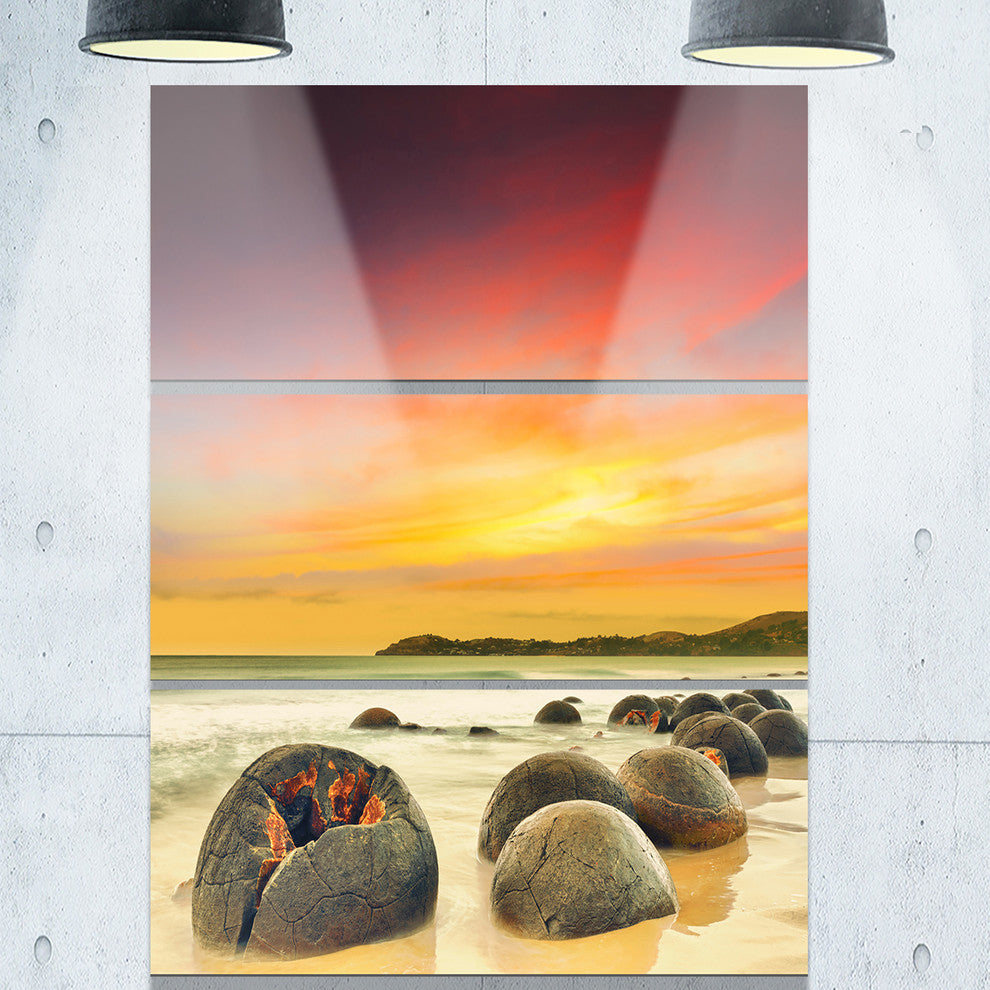 "Fantastic Moeraki Boulders View at Sunset" Metal Wall Art, 3 Panels, 28"x36"