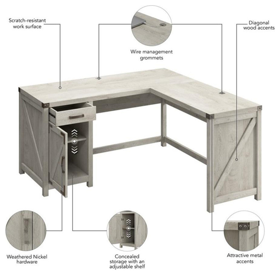 Bush Furniture Knoxville 60W L Shaped Desk with Storage Cabinet in Cottage White