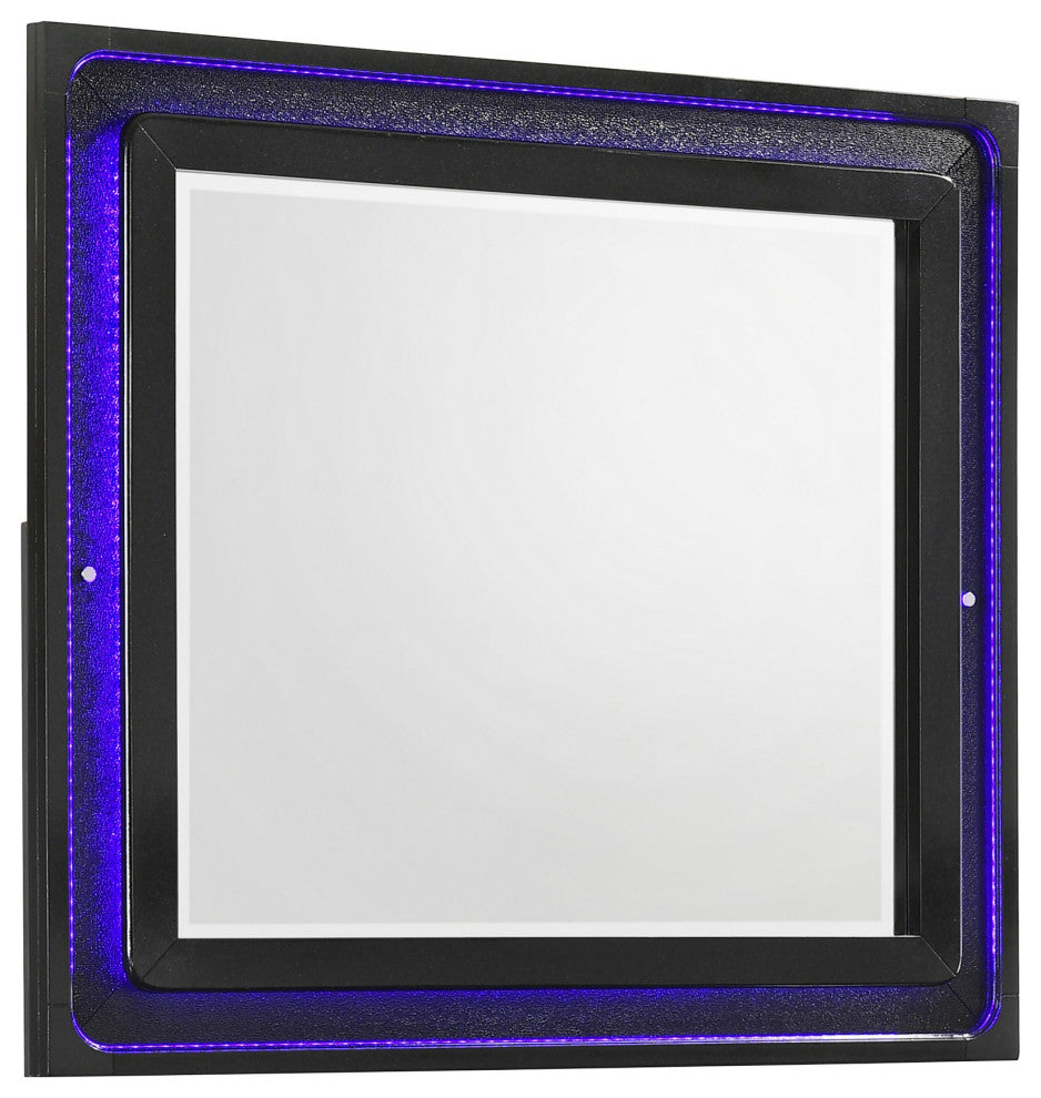 Benzara BM280369 Modern Mirror, Rectangular Wood Frame, Built, LED, Black