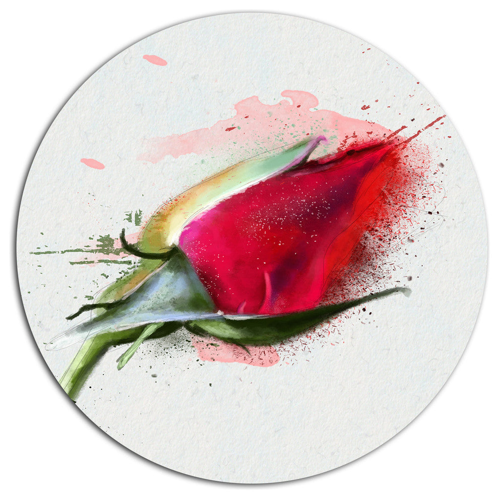 Red Rose Bud Watercolor Sketch, Flowers Disc Metal Artwork, 11"