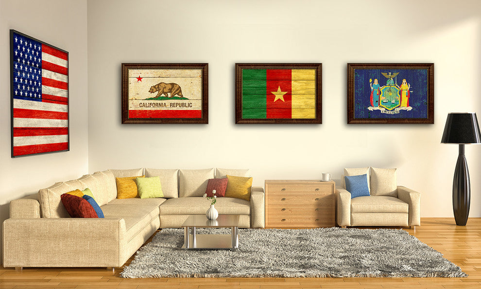 Cameroon Country Textured Flag Print With Brown Gold Frame, 15"X21"