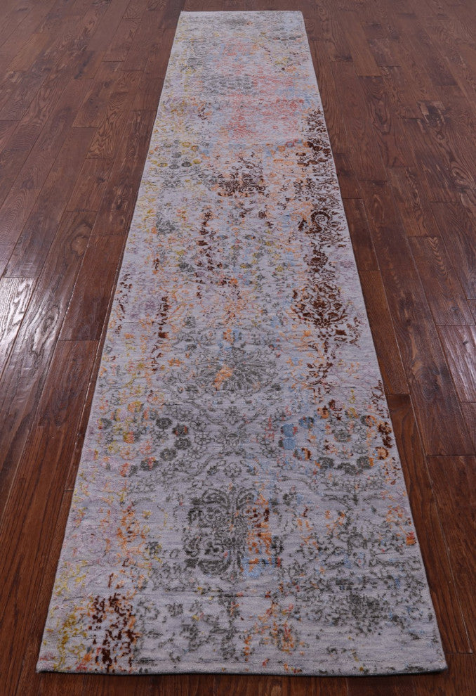 2' 7" X 13' 10" Wool and Silk Modern Handmade Runner Rug Q9263
