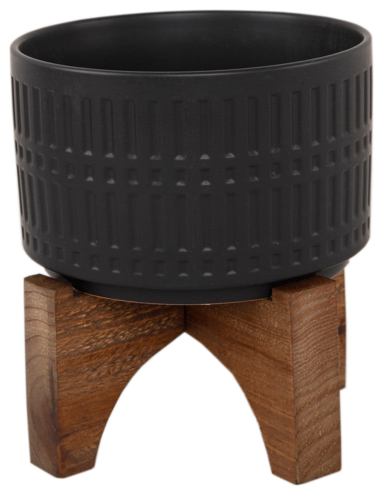 7" Roman Ceramic With Wood Stand, Matte Black