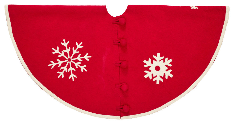 Handmade Christmas Tree Skirt in Felt - Snowflakes on Red -72"