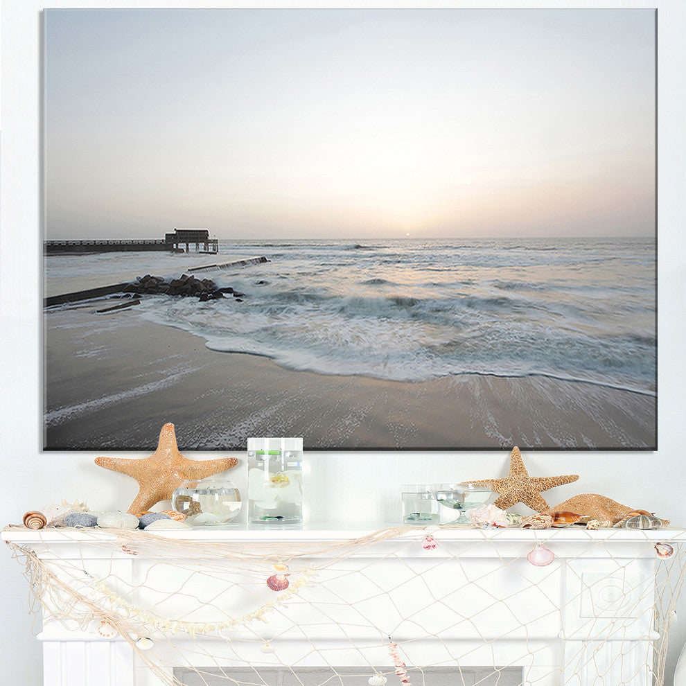 "Serene Blue Beach With White Sun" Modern Beach Canvas Art Print, 40"x20"