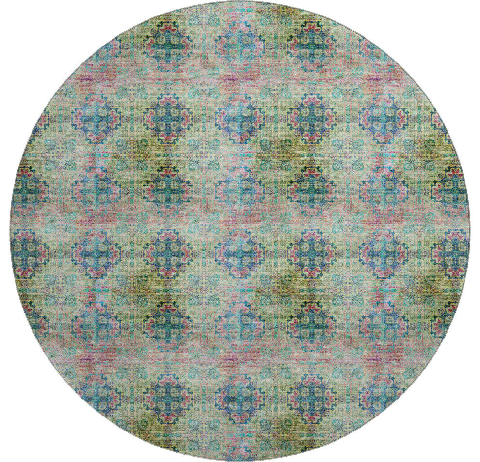 Premium Machine Washable Mayfield AMF557 Green 8' x 8' Round Rug