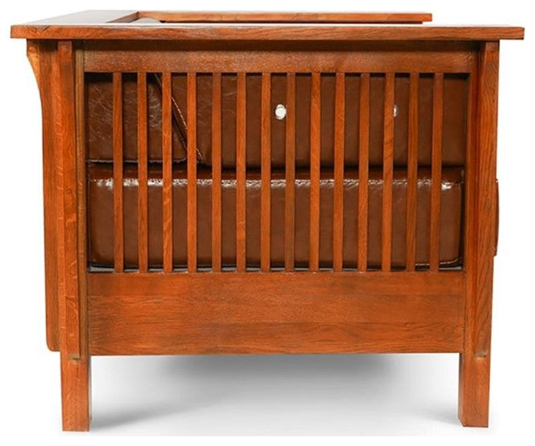 Arts and Crafts / Craftsman Cubic Slat Side Arm Chair - Chestnut Brown Leather