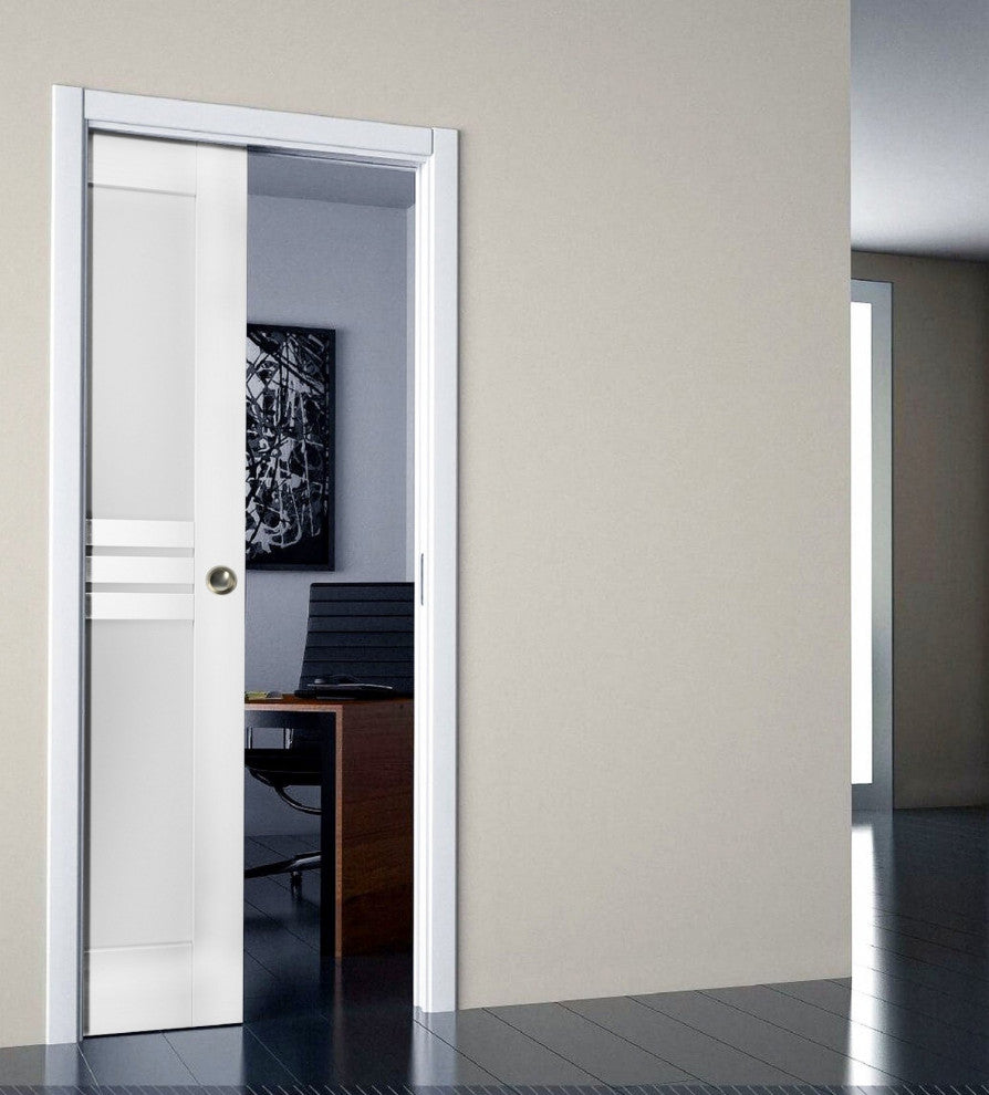 Sliding Pocket Door Opaque Glass 4 Lites / Mela 7222 White Silk, 28" X 84"
