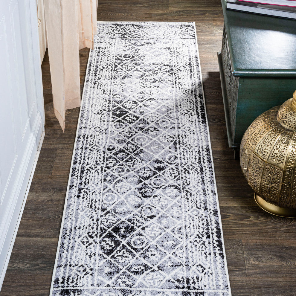 Iften Moroccan Geometric Distressed Ivory/Black 2 ft. x 10 ft. Runner Rug