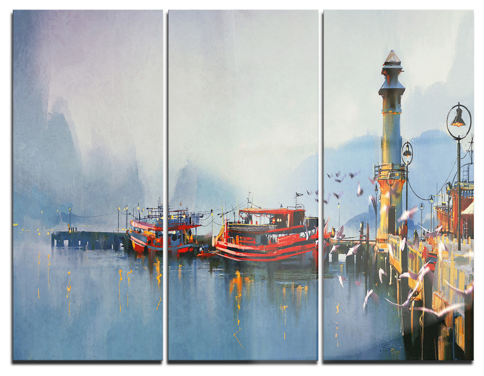 "Fishing Boats in Harbor" Metal Wall Art, 3 Panels, 36"x28"