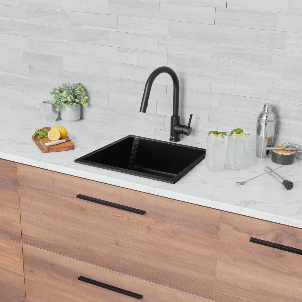 Dual Mount 22" Single-Bowl Black Granite Kitchen Sink with Strainer