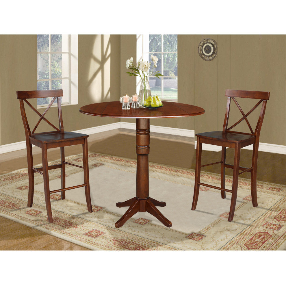42" Round Pedestal Bar Height Table with Two Bar Height Stools, Espresso