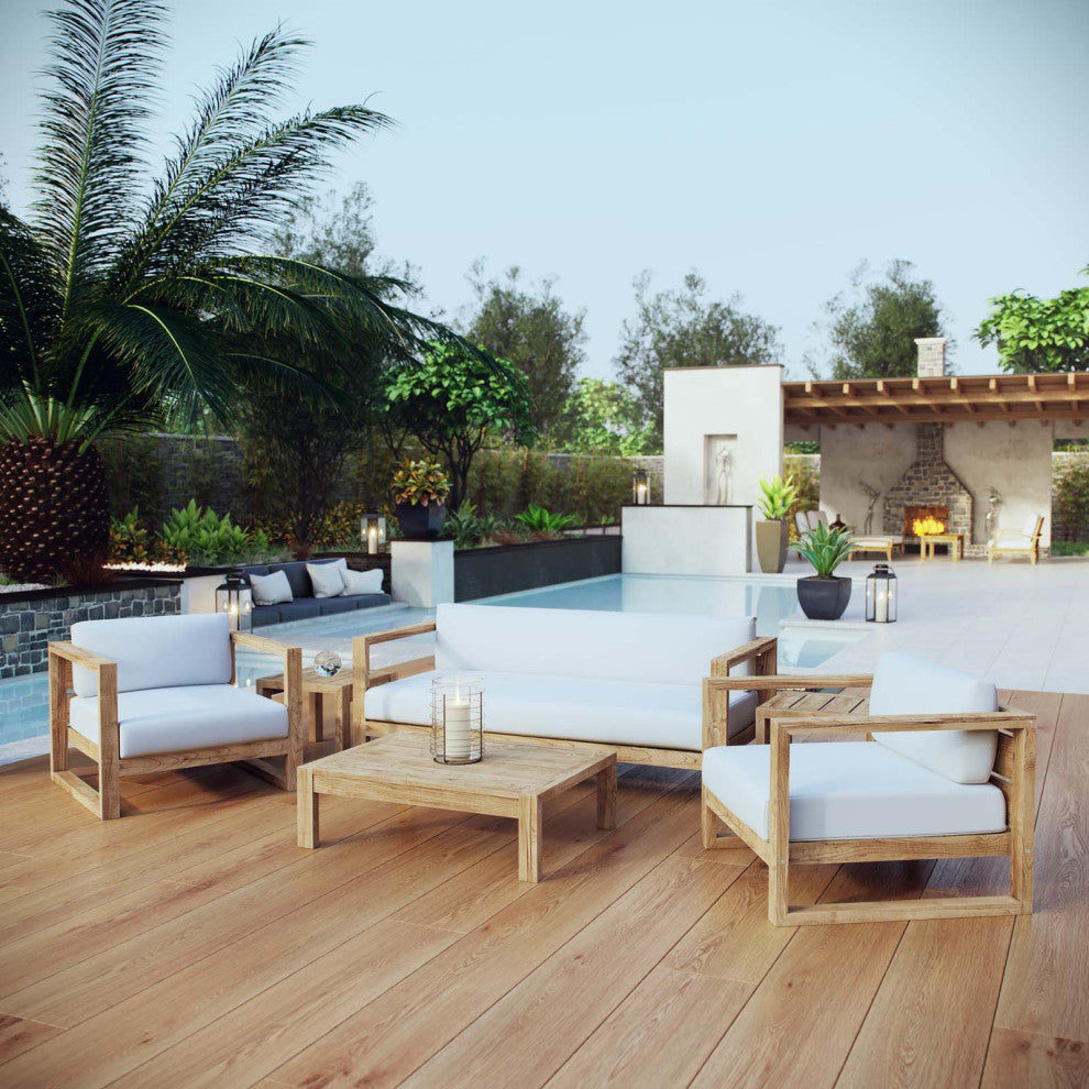 Sectional Sofa Chair Table Set, White Natural, Teak Wood, Modern, Outdoor Patio