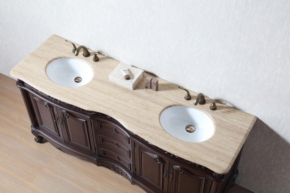 Cassandra 72" Dark Cherry Double Sink Bathroom Vanity, Travertine Marble Top